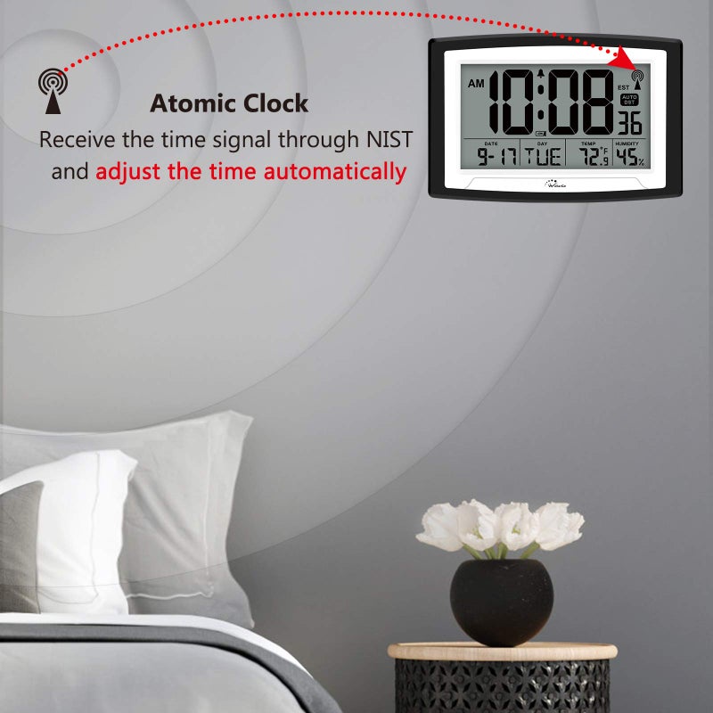 WallarGe Atomic Clock with Indoor Temperature and Humidity  12.5 Inch Self-Setting Digital Wall Clock or Desk Clock  Battery Operated Digital Clock Large Display for Seniors  Auto DST - Image 3